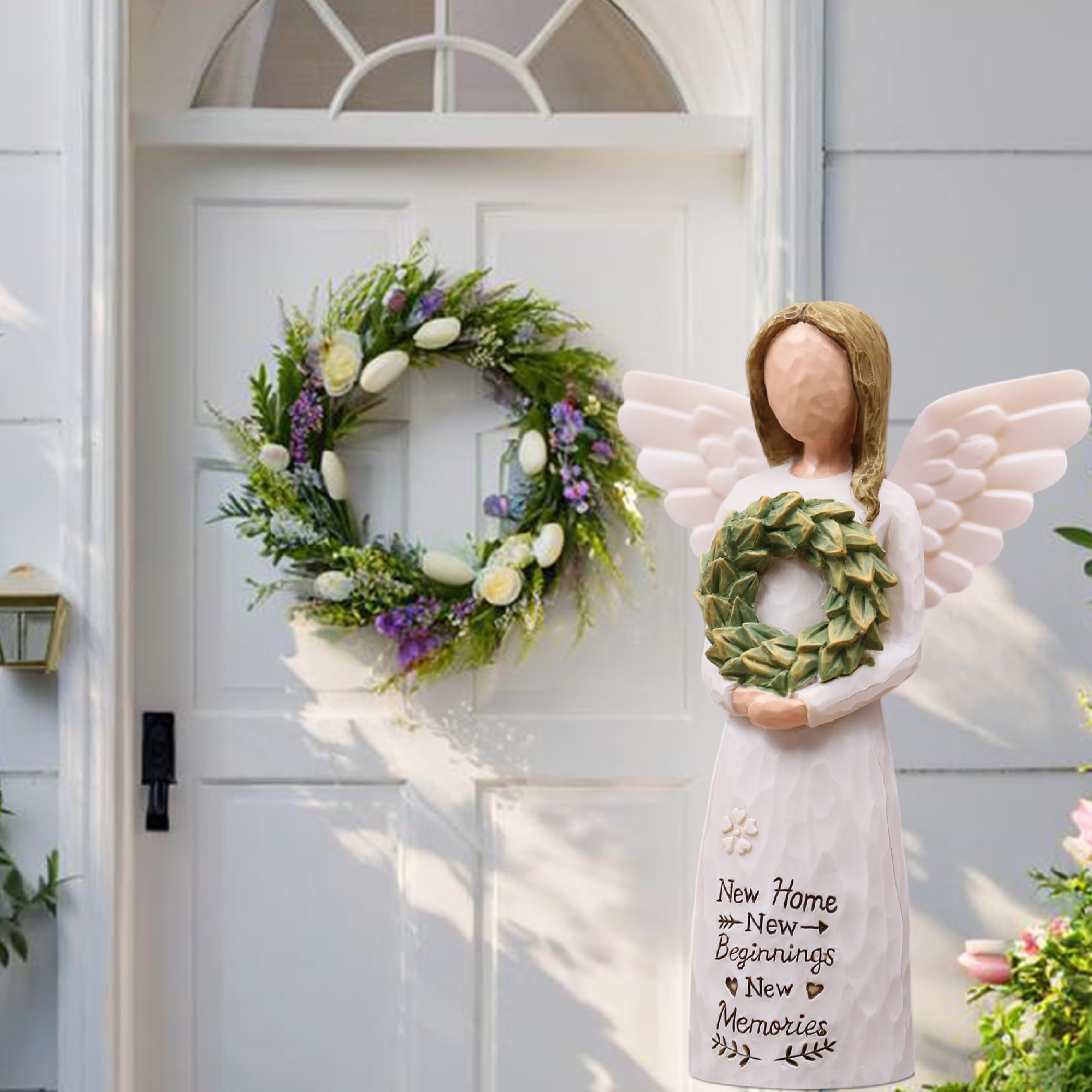 House Warming Gifts New Home Essentials, New Home Gift Ideas for Women Homeowner, Hand-Painted Resin Angel Figurine with Floral Wreath