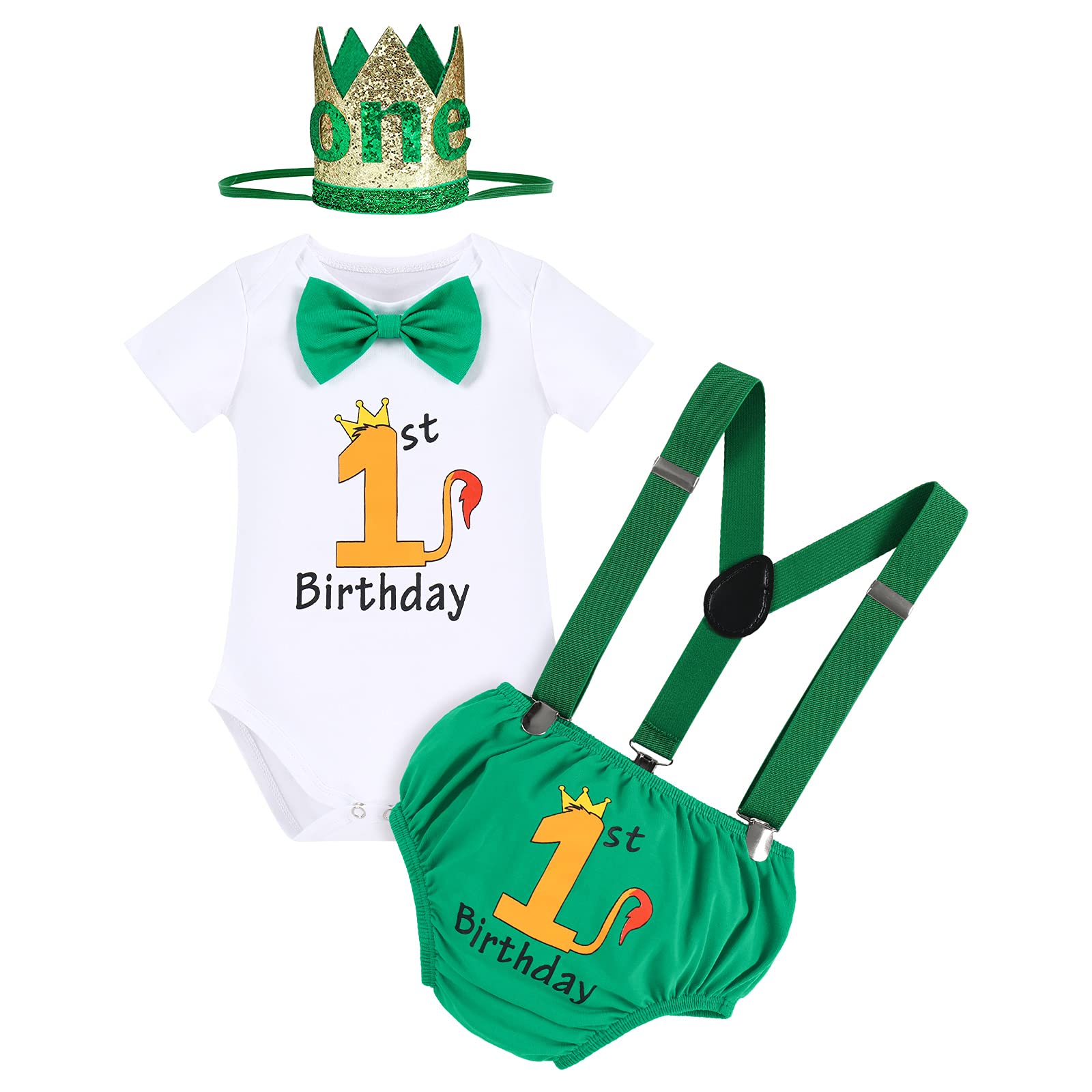 IMEKISBaby Boy Wild One 1st Birthday Outfit Cake Smash Lion Bowtie Romper + Shorts + Suspenders + Crown Headband Photo Shoot