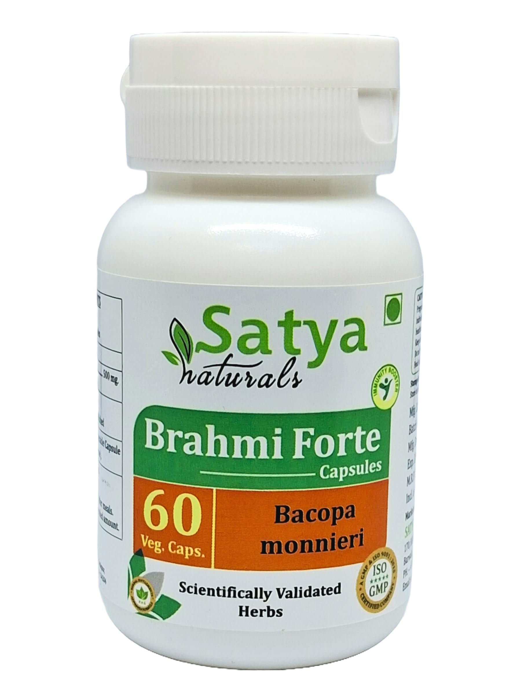 Bacopa Monnieri (Brahmi) Extract Capsules | Highest Potency, 100% Herbal Product | Pack of 60 X 500 mg. Veg. Capsules (Pack of 1 Bottle)
