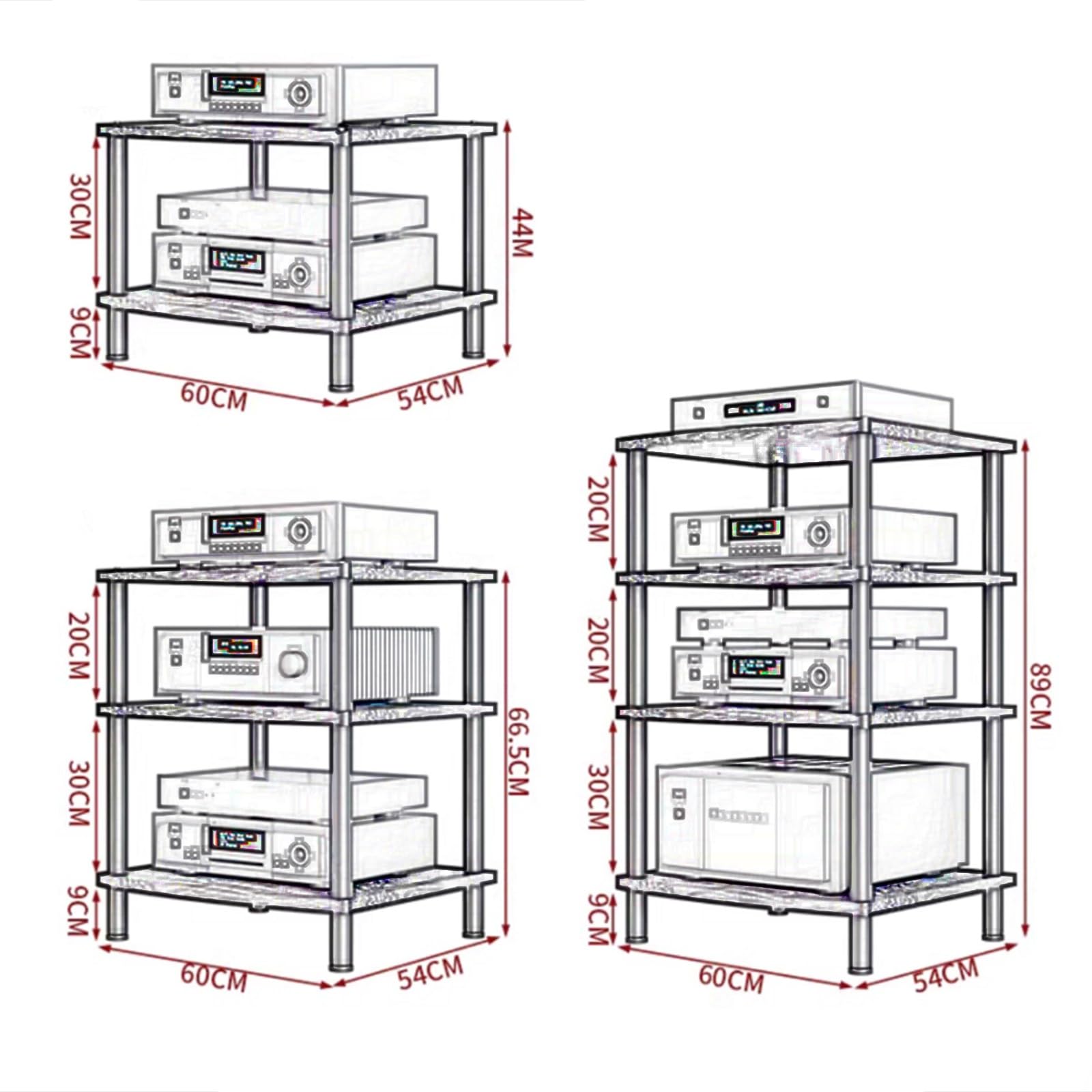 Rack audio Hi-Fi professionale, supporto per amplificatore a 3 livelli per componenti stereo home theater, apparecchiature AV, lettore CD, ideale per studi di registrazione e cinema (marrone, 60 x 54