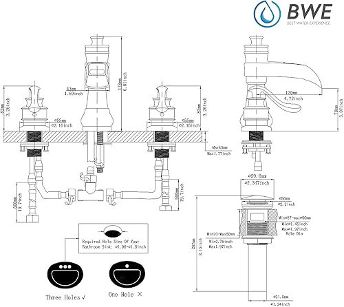 Miniatura 8 de BWE Grifo de baño generalizado en cascada de 3 agujeros, bronce aceitado, granja, 8 pulgadas, tapón de drenaje emergente, ensamblaje,