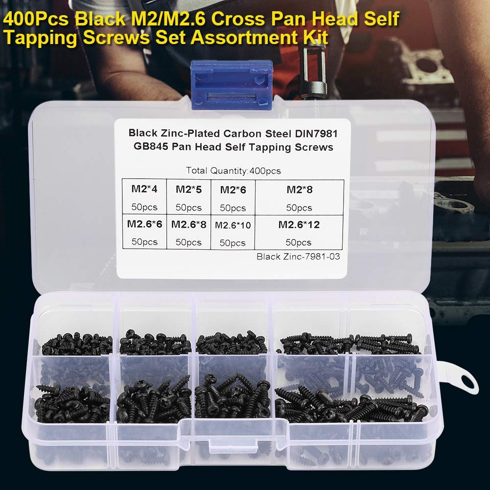 Self Tapping Screws - 400Pcs Black M2/M2.6 Cross Pan Head Self Tapping Screws Set Assortment Kit, M2, M2.6, M3 - Image 3