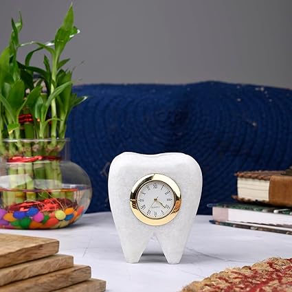 IMAGICART Tooth Shape Marble Table Clock, Unique Design Decorative Clock Showpiece, Gift for Dentists (Dentist Clock)