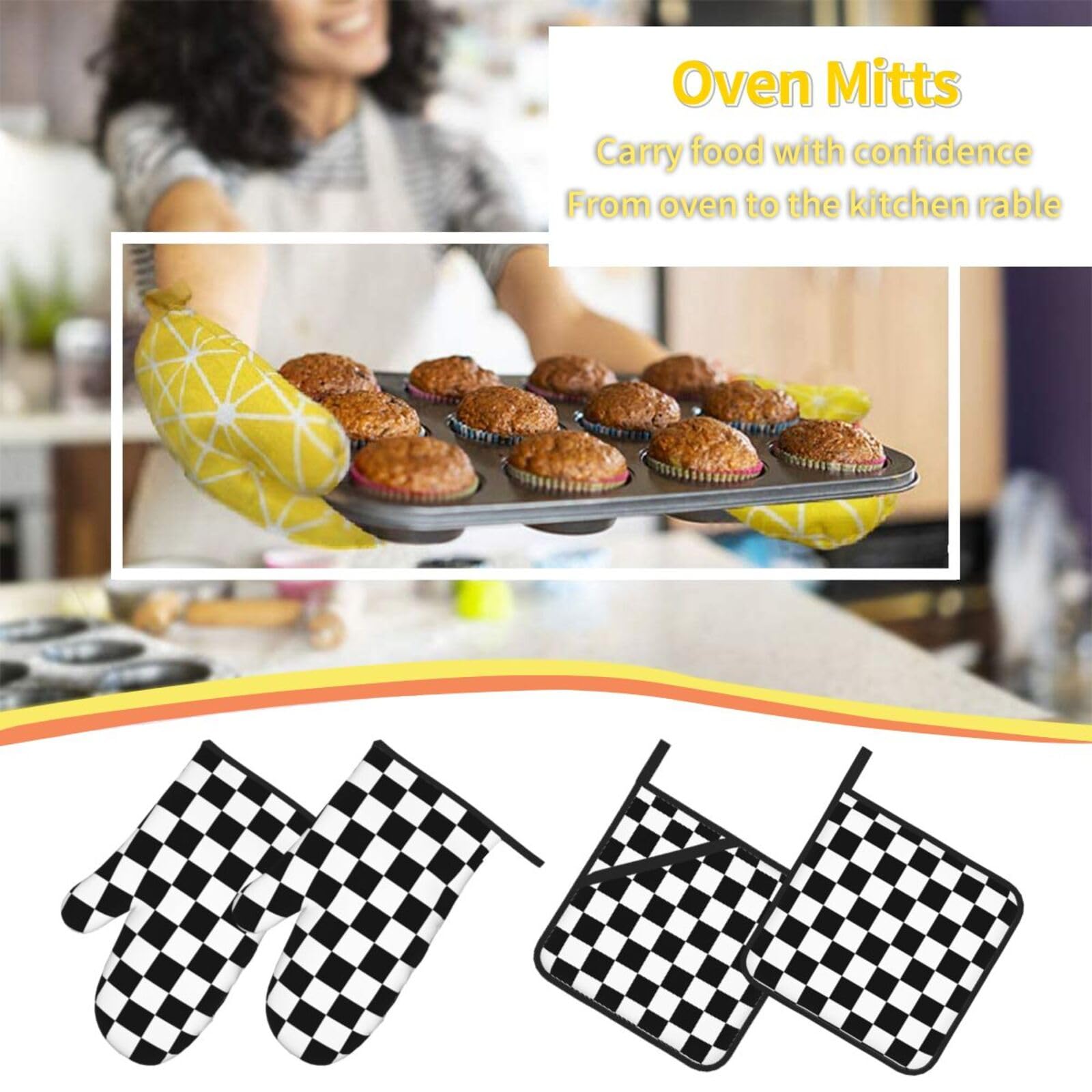 Juego de 4 manoplas de horno y agarraderas con estampado a cuadros en blanco y negro, juego de 4 guantes de horno y agarradera adecuados para barbacoas, hornear, cocinar en microondas
