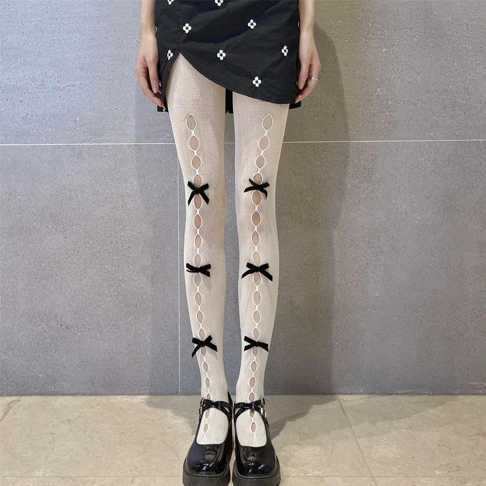 MEIFULLE Lolita Cosplay Girls Bowknot Hollow Out Pantyhose Sexy Thin Ins Tide Lace Tights Anime Socks Black White Fishnet Silk Stockings