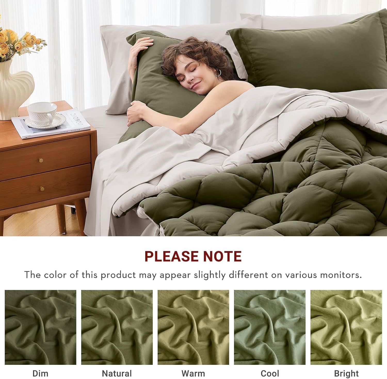 MUXHOMO 7 Pieces King Comforter Set, Reversible Bed in a Bag King Size, All Season Bedding Set with Comforter, Flat Sheet, Fitted Sheet, Pillowcases & Shams, Olive Green & Beige - Image 4