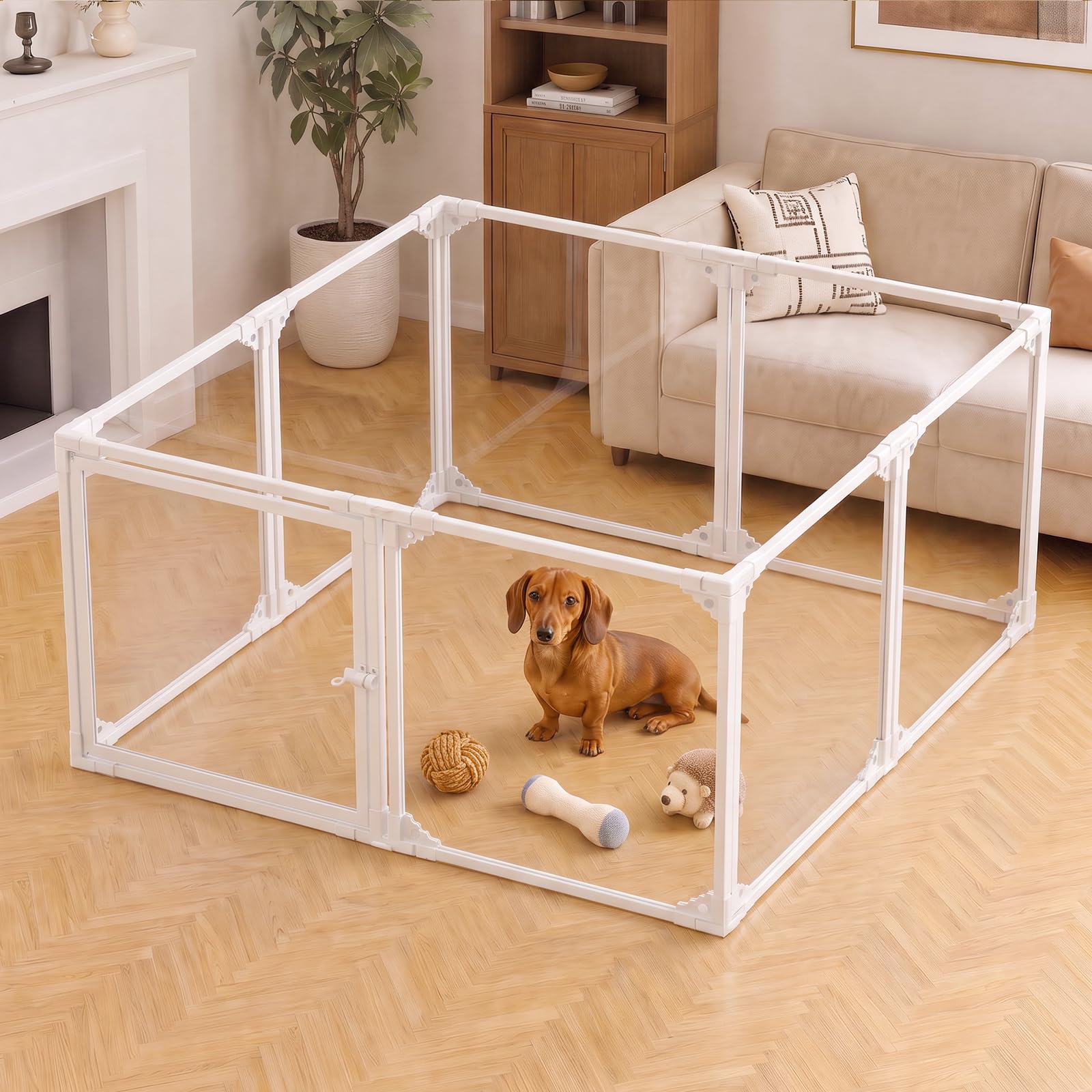 Gardner Pet Przezroczysta płot dla psa, 8 paneli, 60 cm, biała | Metalowa obudowa wewnętrzna z płyty PET, zamknięcie zatrzaskowe i przyssawki, 7 paneli + 1 drzwi dla małych zwierząt