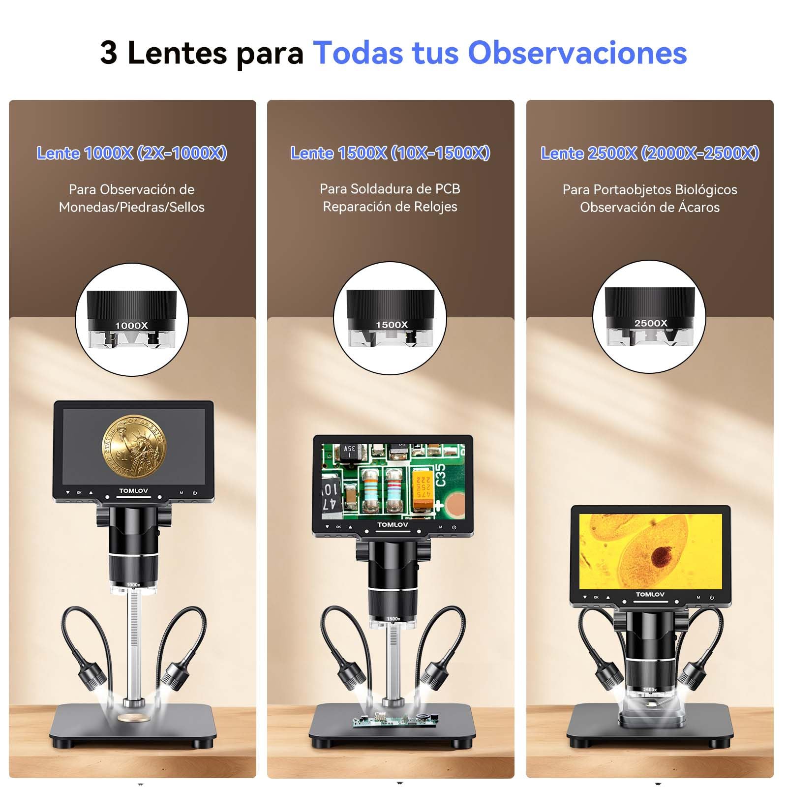 TOMLOV TriL107 3 Lens Digital Microscope 7" 2K IPS HDMI, 2500X Magnifier for Full Coin View and 14 LED Lights, 12.6" Support Soldering Microscope for Adults, PC/TV Compatible, 64GB — view 3