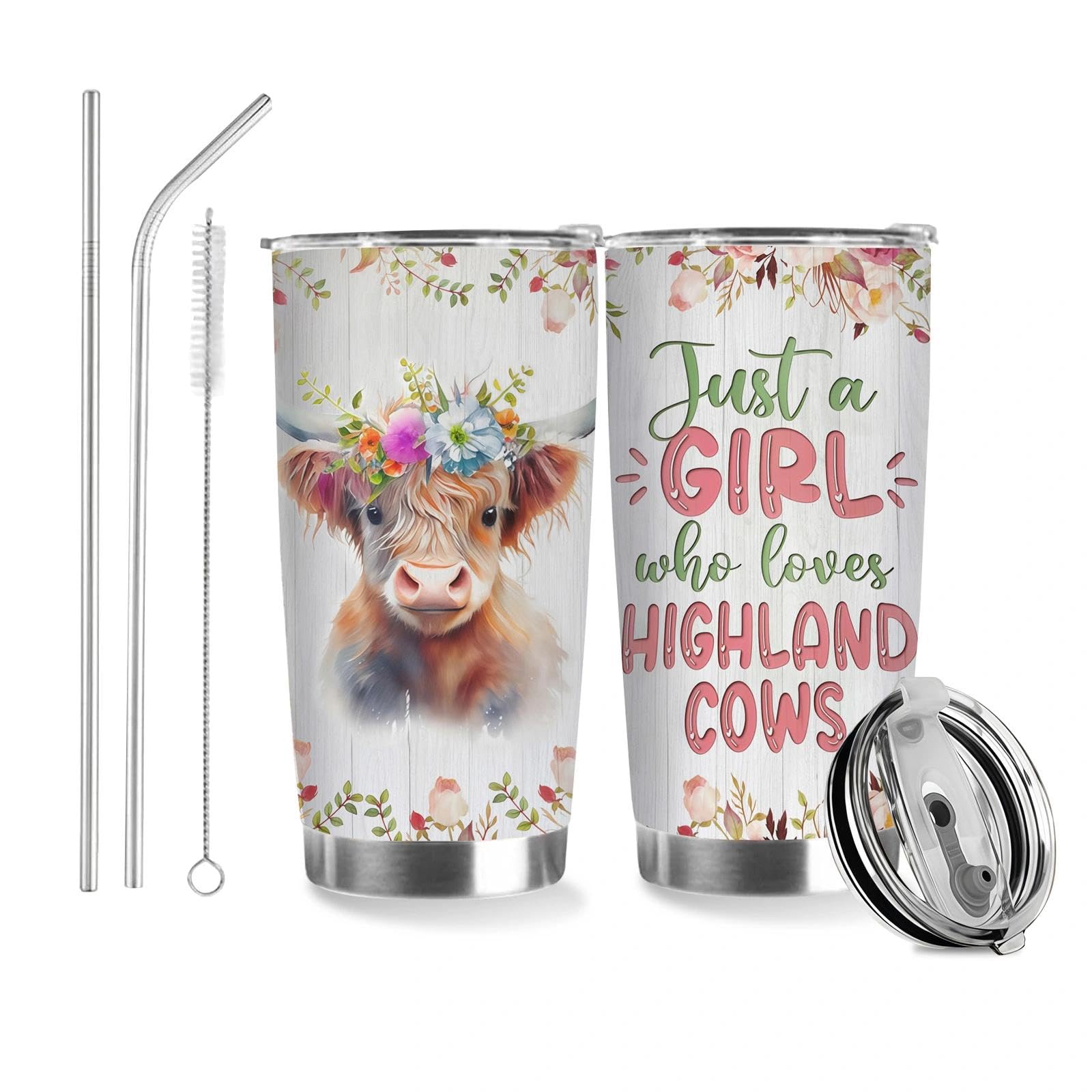 Fakcrkun Highland Cow Gifts for Women, Floral Highland Cow Stainless Steel Insulated Coffee Cup with Straw and Lid, 20oz Travel Mug for School Work Travel