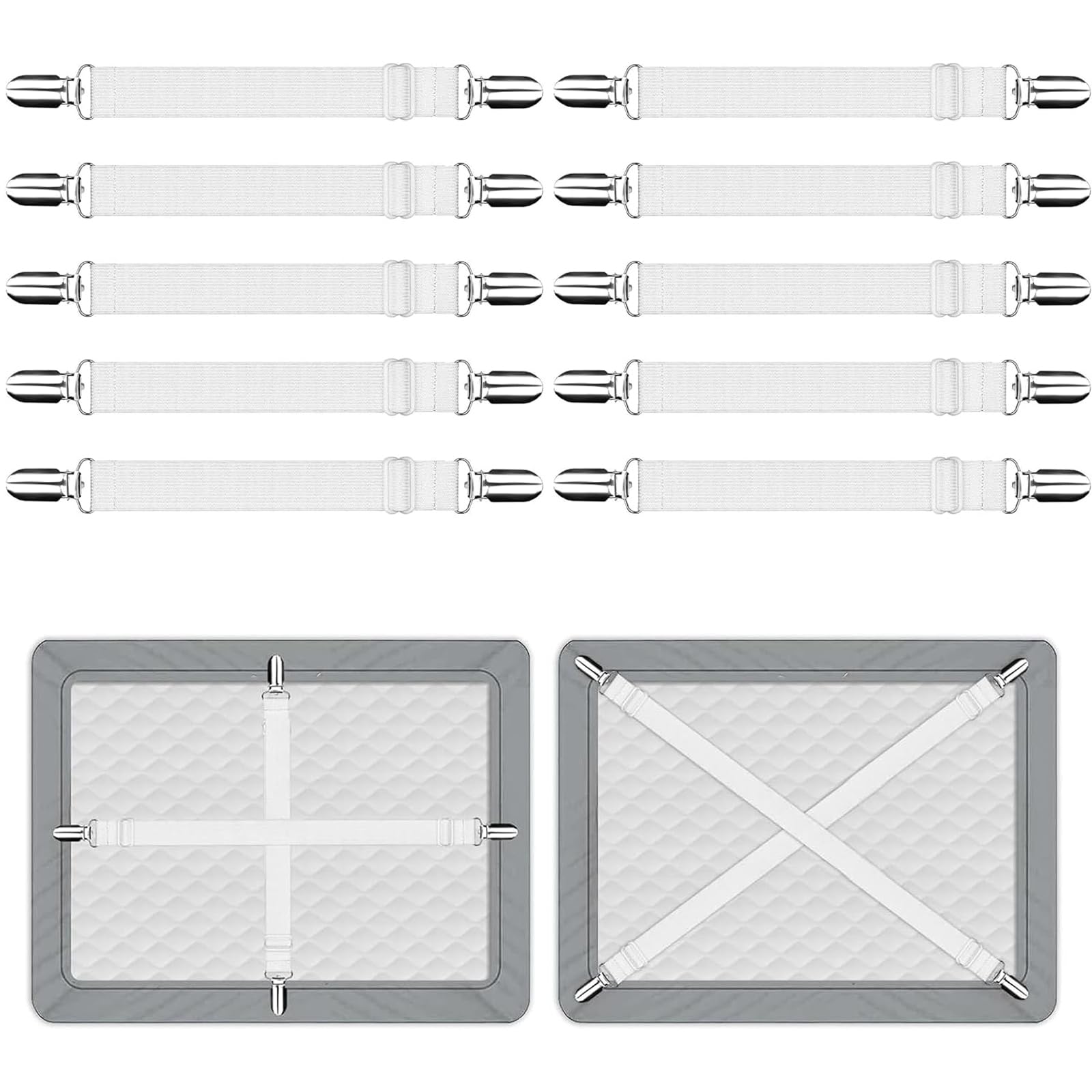Hiuyavy White Bed Sheet Clips, 10Pcs Adjustable Bed Sheet Straps, Max Length 130Cm Sheet Suspenders, Upgraded Elastic Sheet Fasteners For Bedding, Fitted Bed Sheet Grippers To Keep Your Sheets In Place