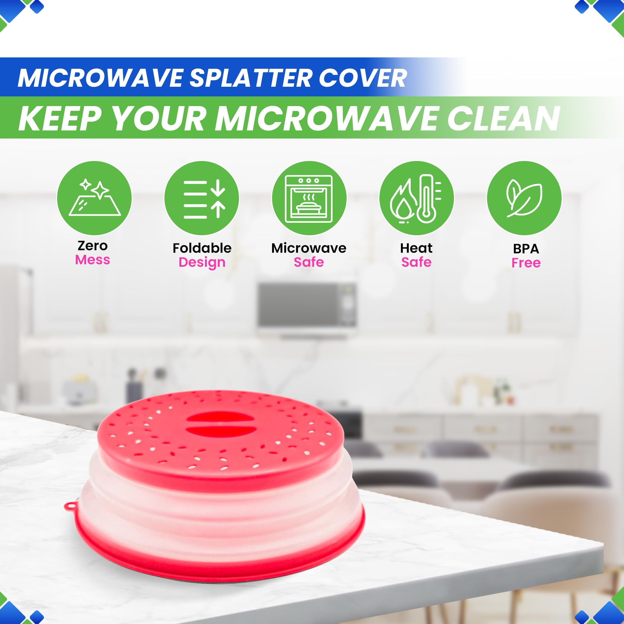 Cubierta de salpicaduras de microondas de 10.5 pulgadas, cubierta plegable de silicona para salpicaduras de alimentos, cubre el plato y el plato, tapa duradera para alimentos para microondas con