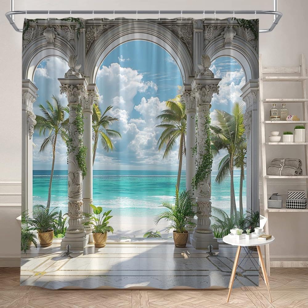 Glwdmb Z-13 1 Piece 150X180cm Tropical Paradise Scene Printed Shower Curtain With Hook, Polyester, For Windows And Walls, Bathtub, Bathroom, Machine Washable, All Season Universal