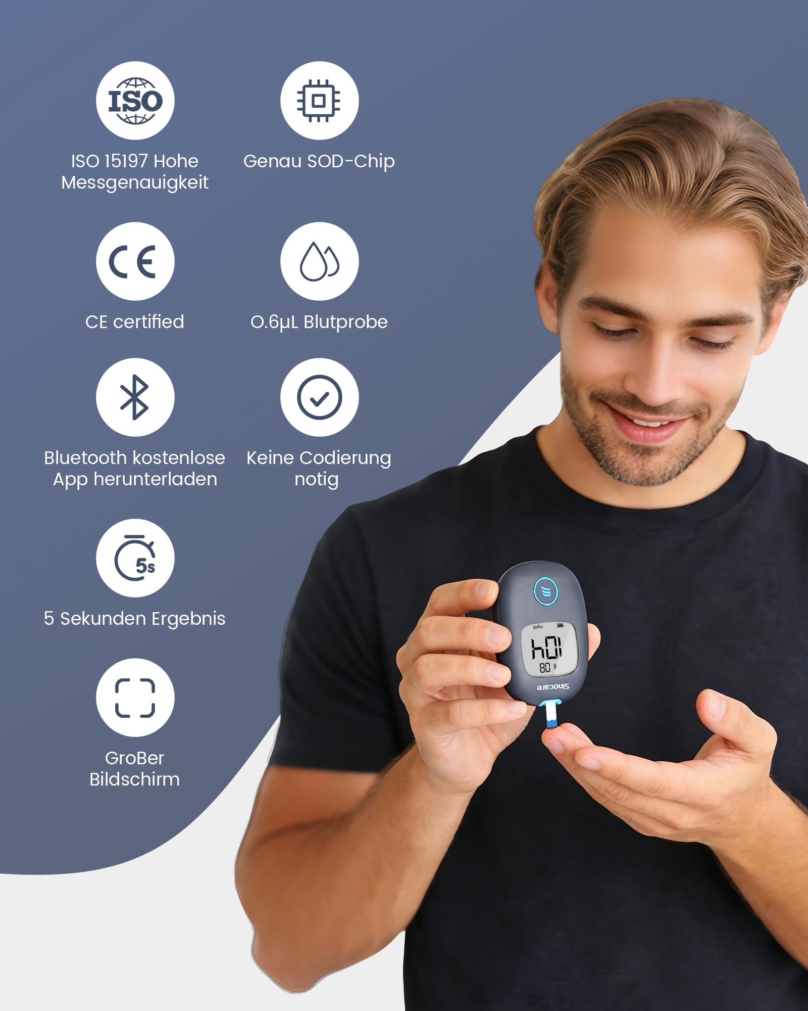 Sinocare Safe AQ Air Blutzuckermessgerät, einfaches und großartiges Blutzuckertest-Set mit Bluetooth und App, mit 100 Teststreifen und Lanzetten, in mg/dl