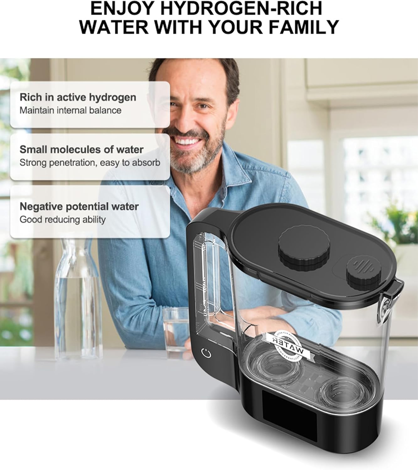 Upgraded 2 L Hydrogen Water Pitcher 3000 PPB, Low Frequency Hydrogen Water Bottle Generator with LED Display, PEM Technology, Hydrogen Water Machine Kettle