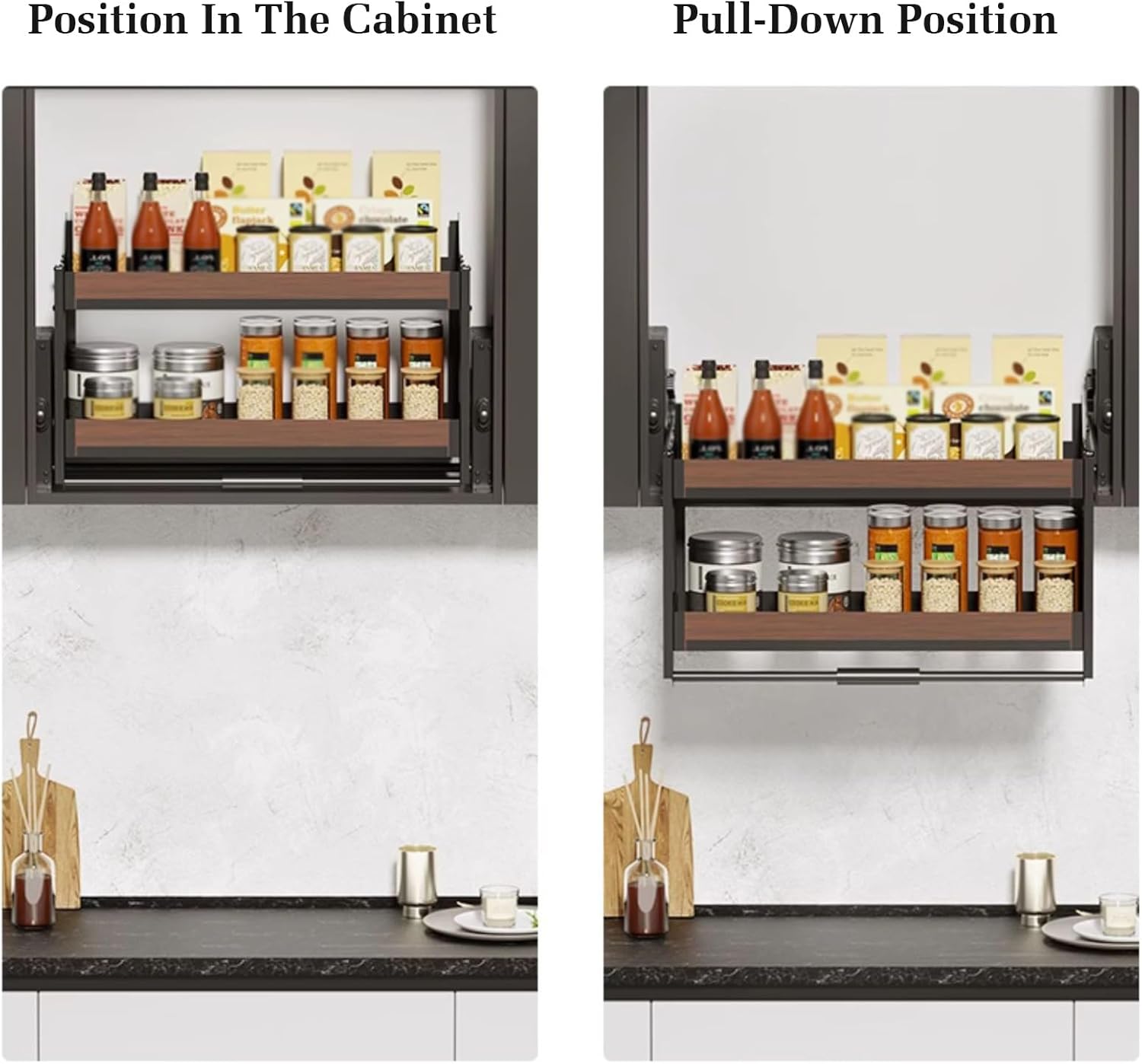 2 Tier Cabinet Pull Down Shelf,Home Wall Cabinet Storage Lifting Basket,Space-Saving,30kg Weight-Bearing,for Kitchen Bar Cafe Storage,600mm