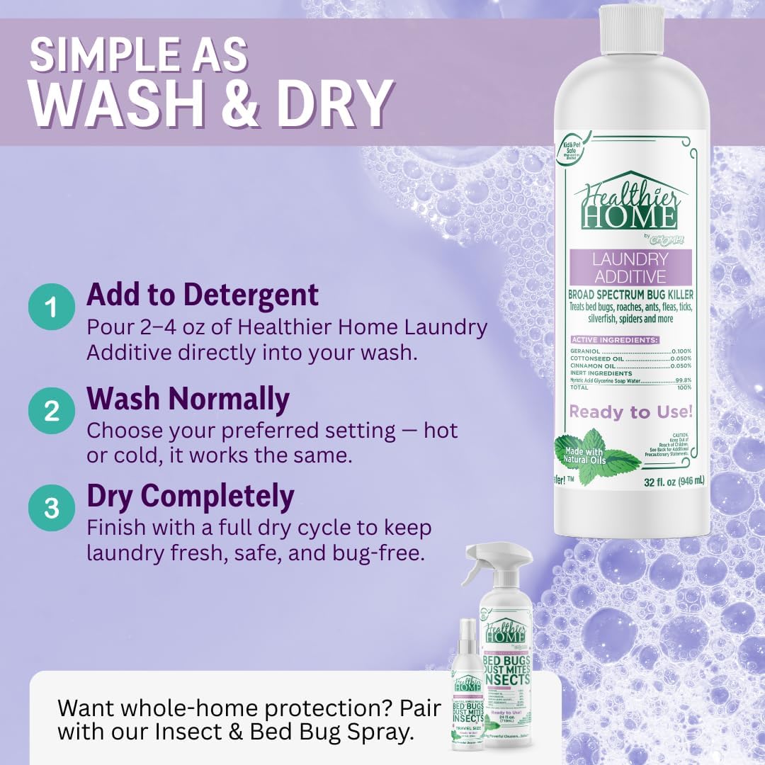 CHOMP! Bed Bug and Pest Liquid Laundry Detergent Additive, Fleas, Ticks, Roaches, Spiders, Ants, Kid and Pet Safe, Plant Based, Residue Free, 32 oz