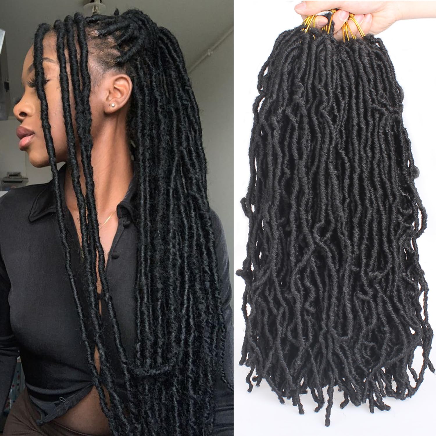 Mscat 7 Packs 18 Inch Pre-Looped Faux Locs Nu Locs Synthetic Fiber Hair Extensions 12strands/pack 1B#, 18 Inch (Pack of 7)