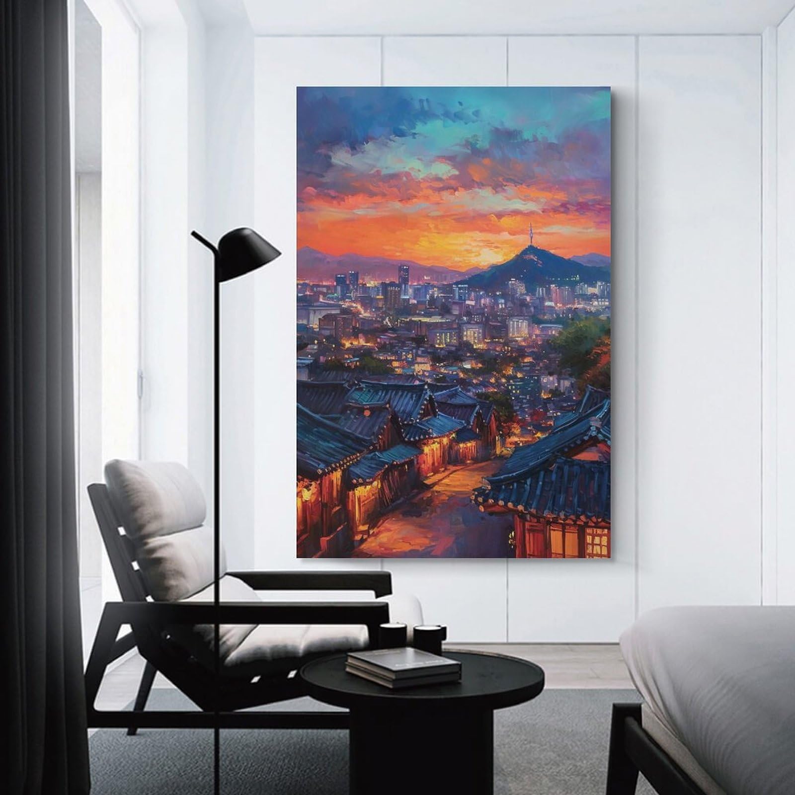 Junmoney Seoul Cityscape at Sunset Painting Decorative Wall Artwork 20x30inch(50x75cm), for New Homes, Bedrooms Or Workspaces, A Wall Art Gift for Fresh Interiors