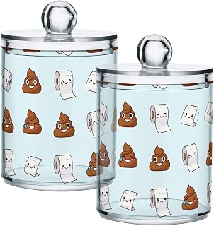 Joisal Cute Cartoon Poop Plastic Apothecary Jars for Bathroom Organization | Cotton Ball Holder with Drop-resistant Plastic, Knobbed Lift-off Lid, and Keeps Contents Visible; Pack Of 2