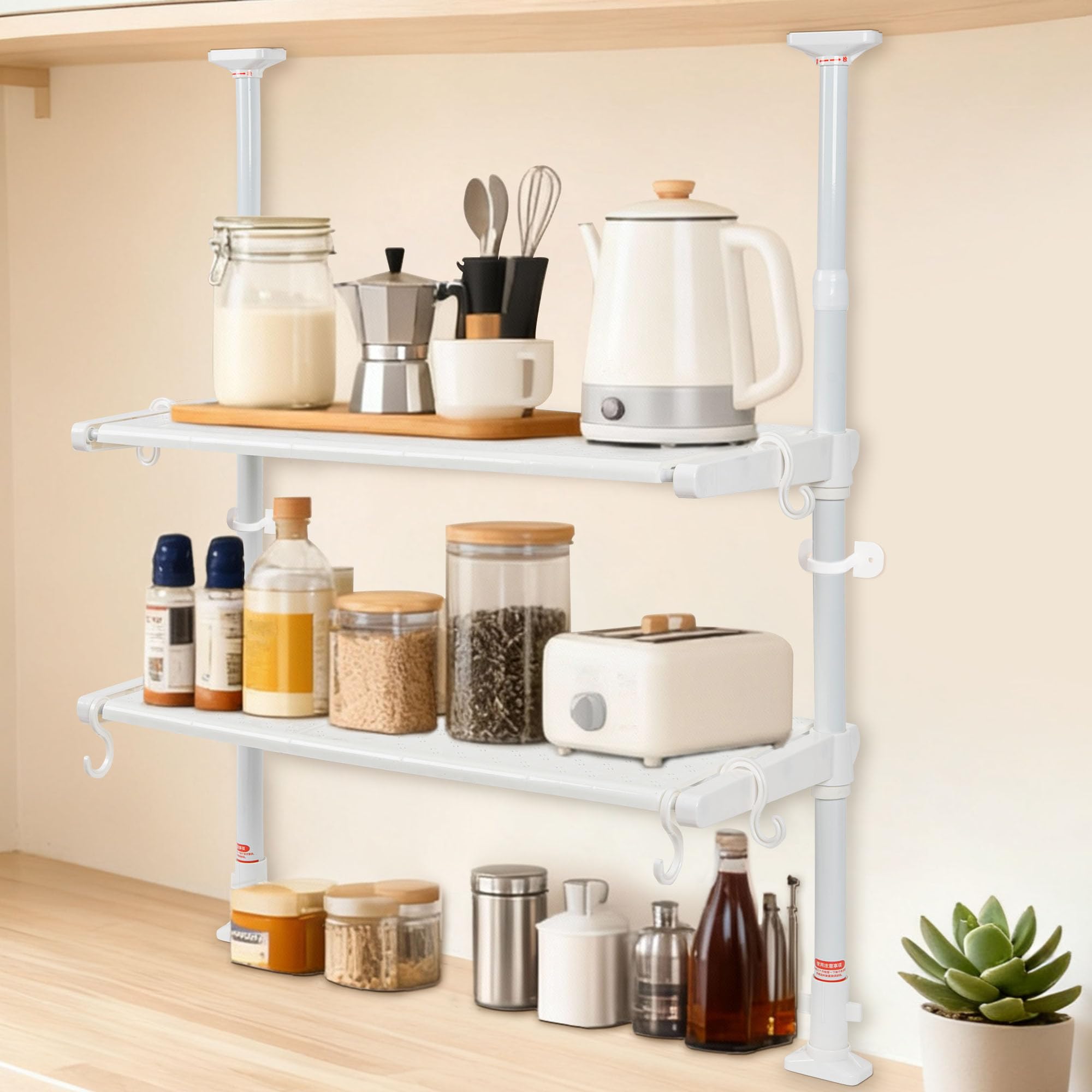 AKOZLIN 突っ張りキッチンラック 棚 2段 幅40×奥行26×高さ68～110cm調節 伸縮式 突っ張り棚 つっぱり式 棚高さ調節可 フック5つ付き 調味料収納 コンロ周り シンク上収納 耐荷重20kg 段差も対応
