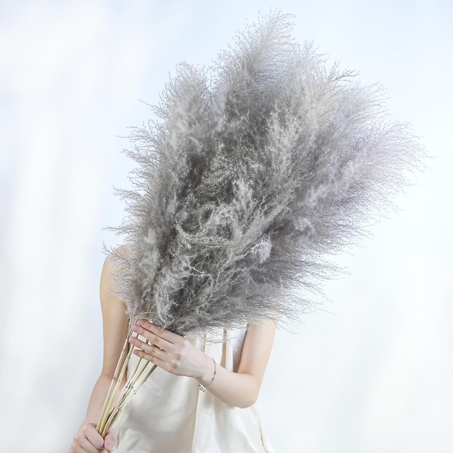 20 Stems Natural Pampas Grass Decor 40" Tall Dreid Pampas Grass for Wedding, Party, Farmhouse, Fluffy Dreid Flowers Boho Home Decor Grey & Beige XL Grey