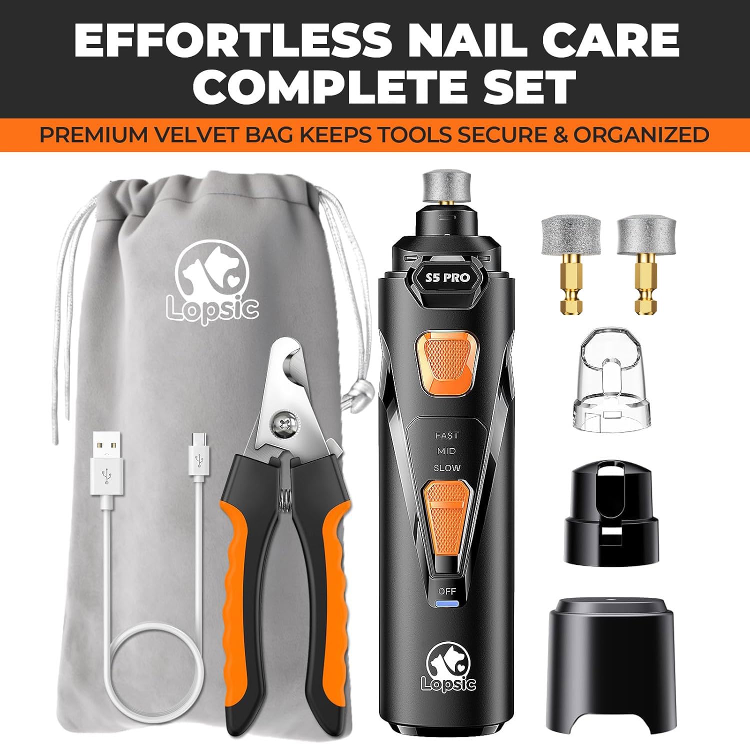 LOPSIC Broyeur à Ongles pour Chien avec 2 lumières LED Puissant Coupe-Griffes à 2 Vitesses avec 2 Roues de meulage Super Silencieux Rechargeable Kit de Coupe-Griffes pour Chiens de Petite et Grande