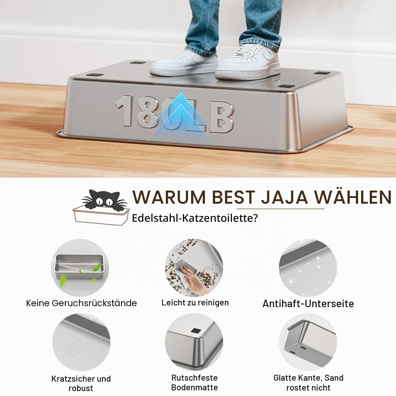 Edelstahl Katzenklo XXL aus V2A – 62 cm Geschlossene Katzentoilette mit 160° Klappdeckel, 3-in-1 Design für Stehpinkler & große Katzen, hoher Rand auslaufsicher, inkl. Schaufel und Trittstufe