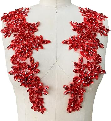 Sewing Costumes Lace Patches and Appliques Designer DIY Bodice Chest Decoration Ornament with Acrylic Crystals Rhinestones for Sew on Wedding Dress Elegant Clothing Red