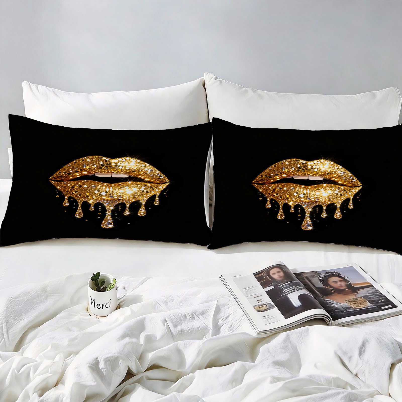 Copripiumino Matrimoniale 240x220 Labbra Dorate, Copripiumino Alla Moda 3D Microfibra Biancheria da Letto, Duvet Cover con 2 x Federe 50x80 cm