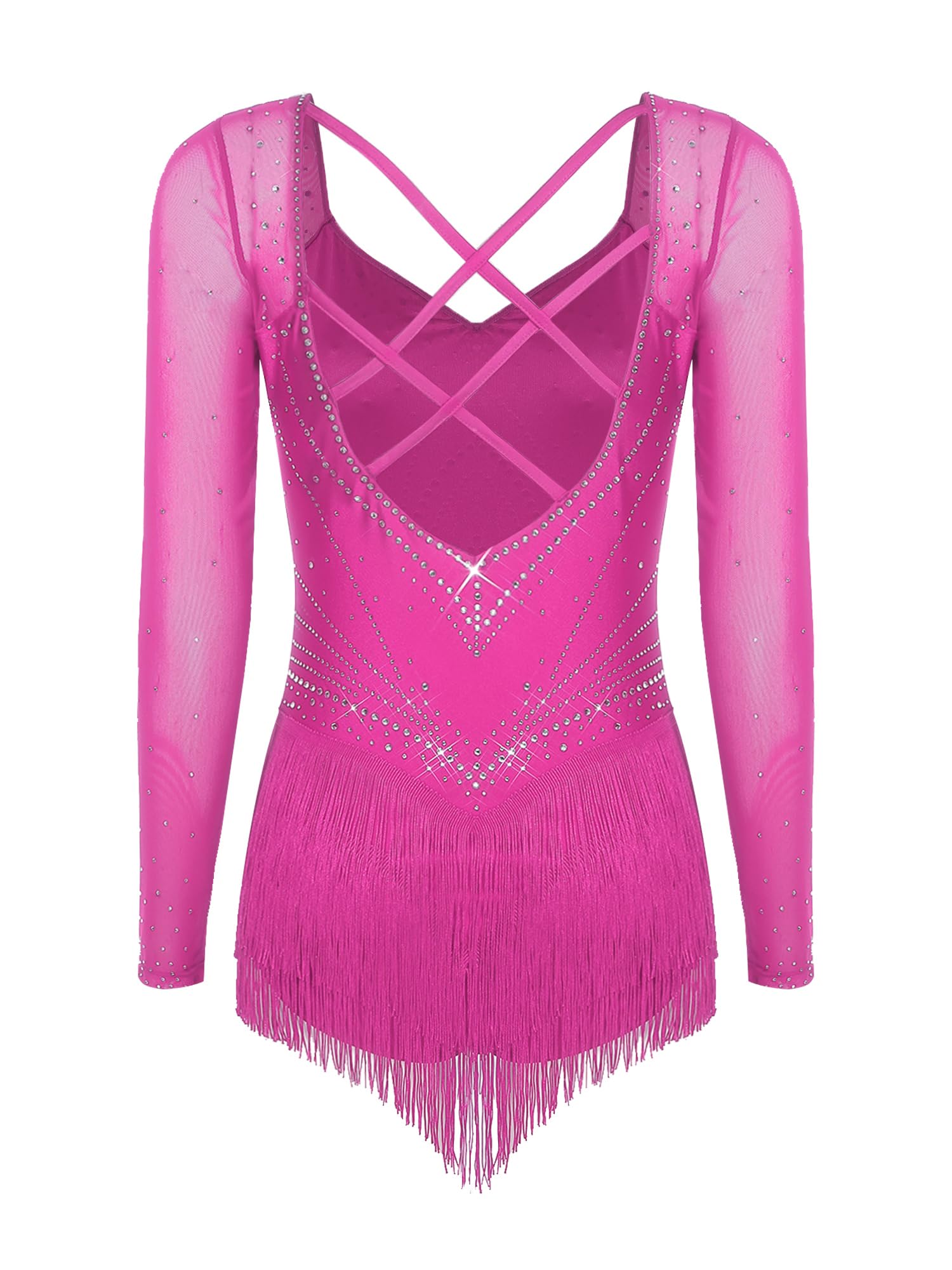 Vestido de Baile Salsa con Flecos Manga Larga Pedrería Brillante Latino Profesional Rumba Vals
