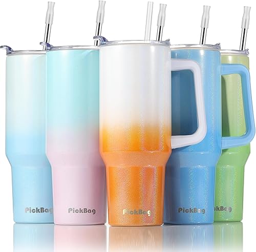 Miniatura 1 de Vaso de 40 onzas con asa y tapa con pajilla, de acero inoxidable, reutilizable, aislado, para viaje, botella de agua térmica 100% a prueba de fugas,