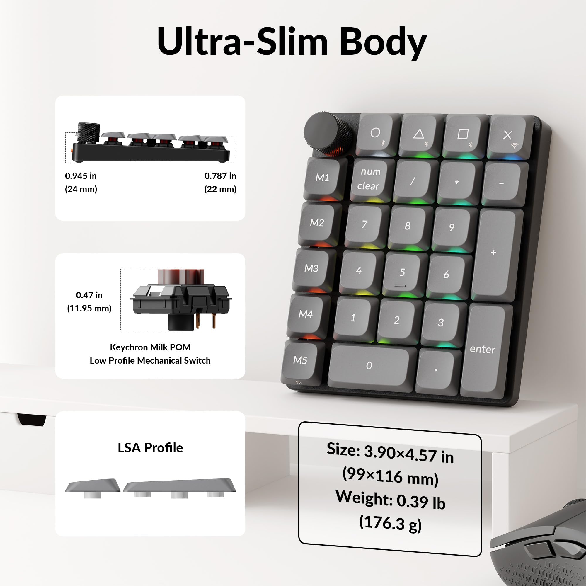 Keychron K0 MAX Teclado Numérico Inalámbrico Low-Profile, 27 Teclas, 1000Hz Polling Rate, Numpad Programable, 2,4 GHz/Bluetooth 5.3 / USB-C, Knob, Intercambiable en Caliente, Interruptore Marrone