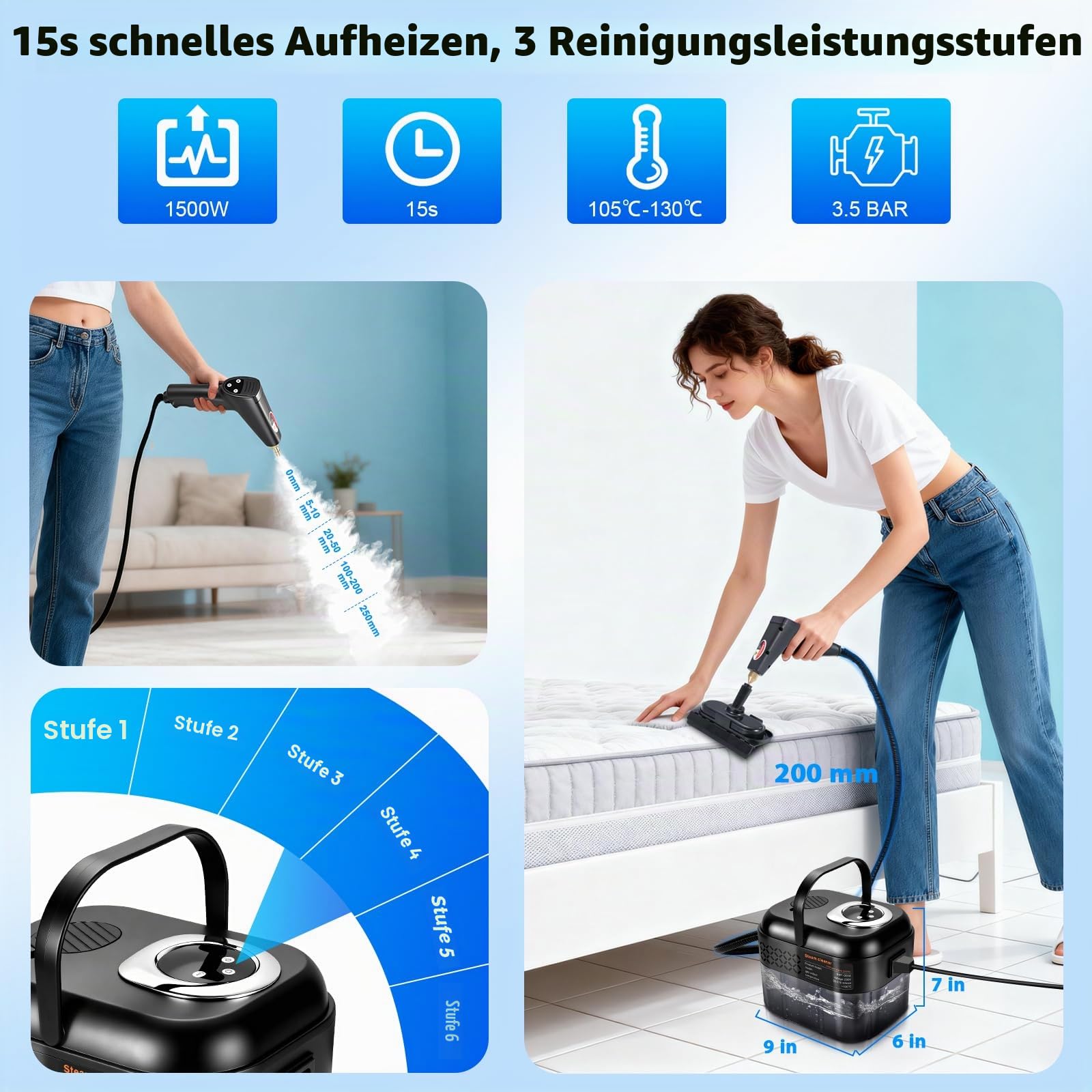 RUIZHI 6-Stufig Dampfreiniger Handgerät mit 12 Zubehör, Steam Cleaner Handheld 1700ML Tank, 1500W Mehrzweck, Dampfdruck 3.5Bar, Aufheizzeit 15s, Dampfreiniger für Alles Boden Auto Fenster Polstermöbel