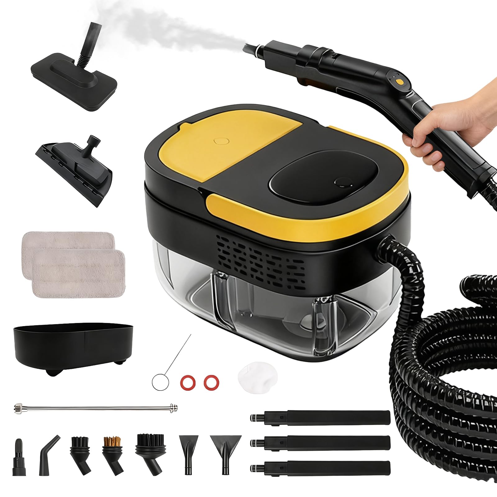 Limpiador a Vapor Portátil, 2500W Potente Limpiador a Vapor para el Hogar, 3 Velocidades Ajustables,17 Accesorios, Depósito de Agua de 1600 ml, Presión de 4 Bar, para Cocina, Ventanas, Pisos, Autos