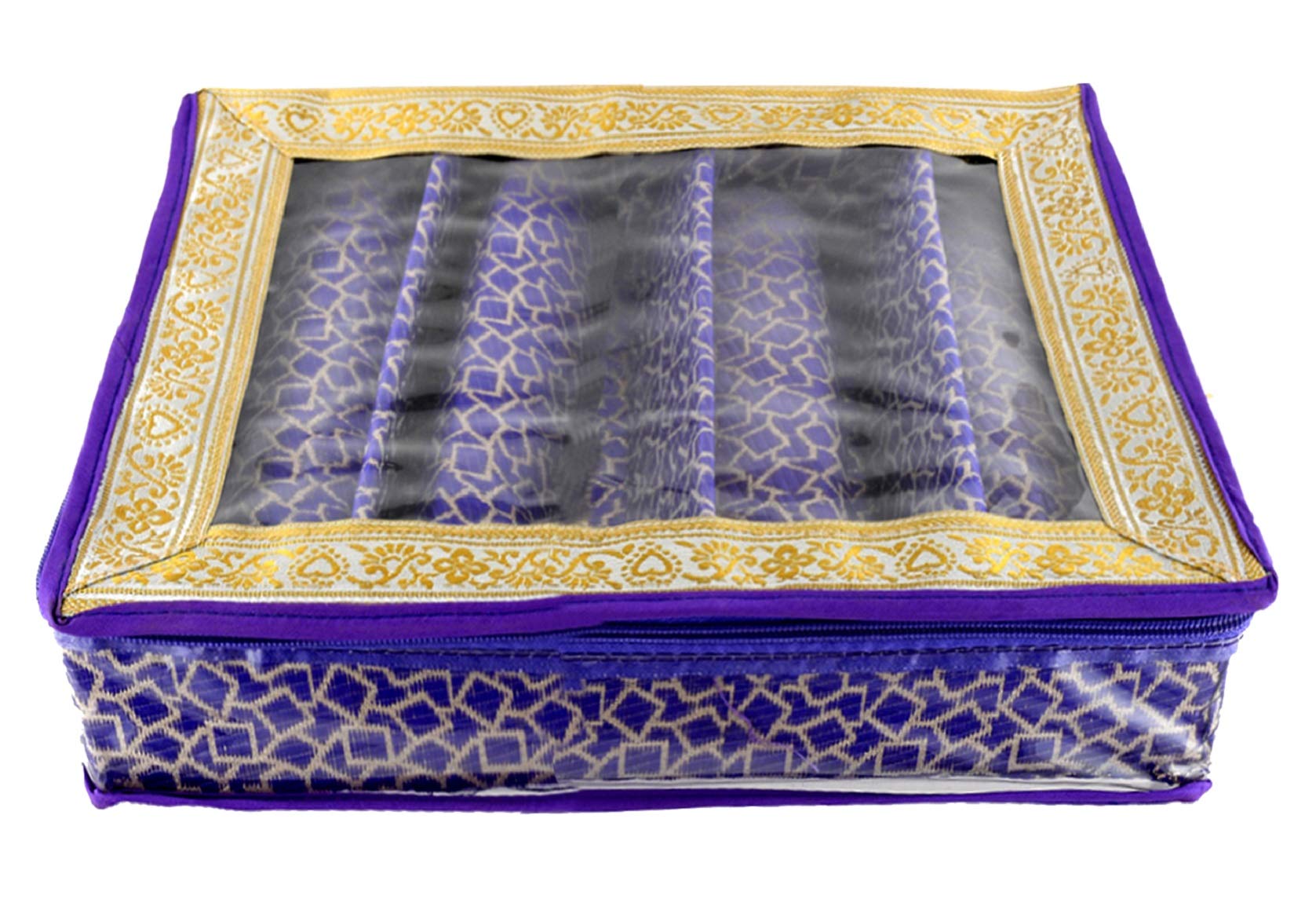 Kuber Industries Exclusive Square Design Brocade Hardboard Four Rod Bangle Box (Purple) -CTLTC38869