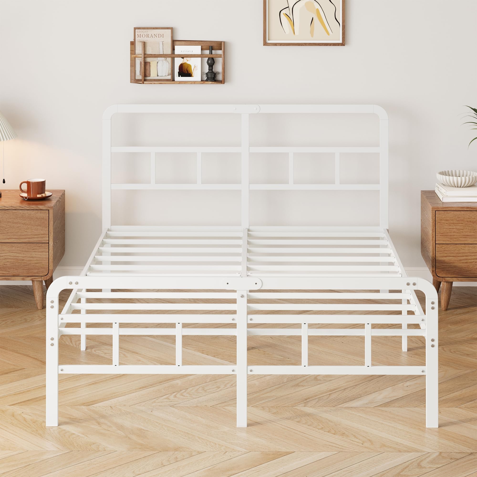 Yicensen Letto Matrimoniale 150x200 cm con Testiera e Pediera in Metallo, Rete a Doghe in Metallo Altezza 36cm, Giroletto Letto Stabile, Facile Montaggio, Silenzioso, Moderno Bianca