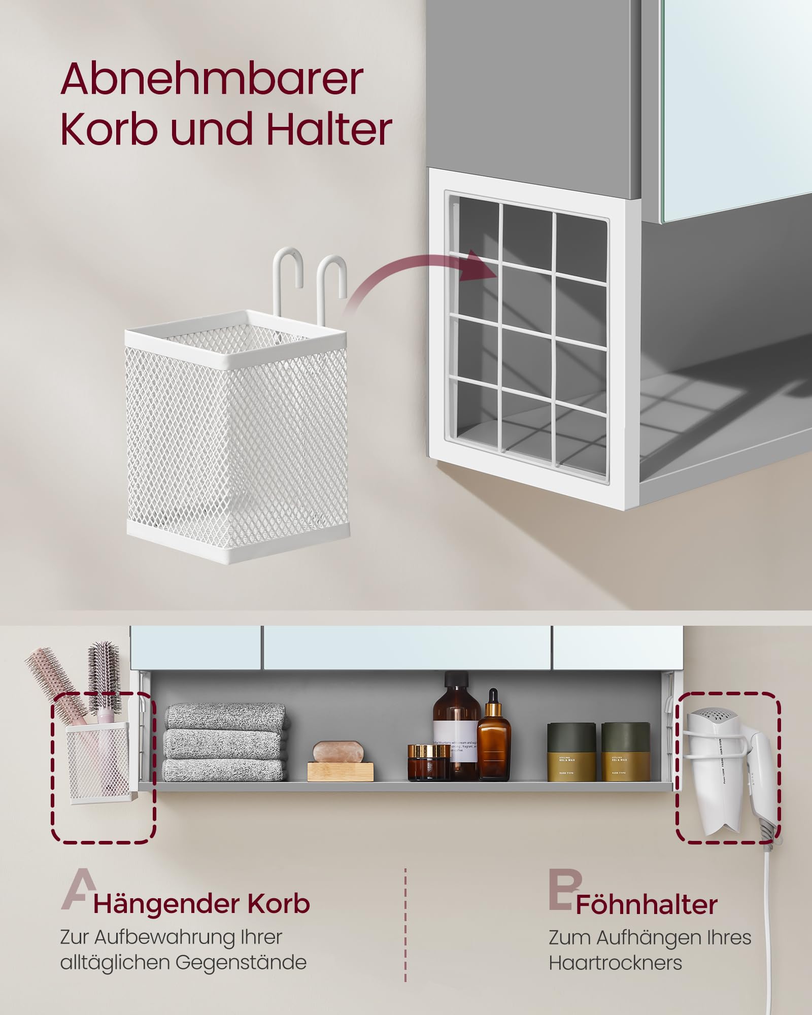 VASAGLE Spiegelschrank Bad mit Beleuchtung, Stecker, Hängekorb, Haartrockner-Halter, Badezimmerschrank, Badschrank, Wandschrank, 70 x 16,5 x 75 cm, 3 Spiegeltüren, wolkenweiß-Taubengrau BBK126G01