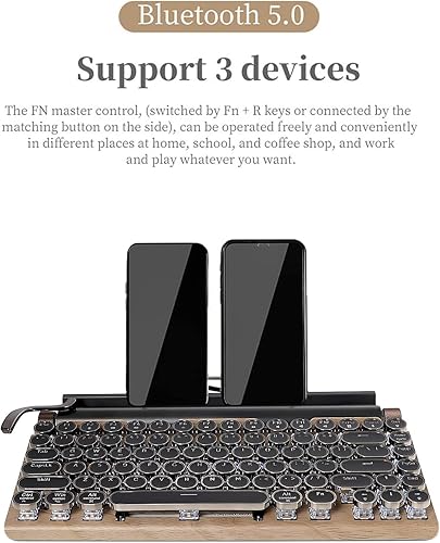 Miniatura 3 de 83-Key Mechanical Keyboard - Retro Typewriter Wireless Bluetooth Gaming Keyboard, Anti-Ghosting Blue Switch (Wood)