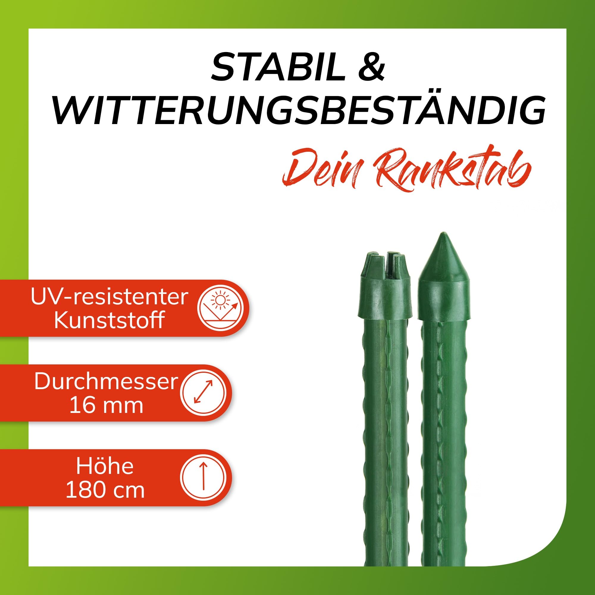 bellissa Rankhilfe Rankstäbe Pflanzenstütze 50er-Set Kunststoff grün 180 cm | Hochwertige Pflanzstäbe mit Stahlkern Ø 16 mm aus Plastik, widerstandsfähig für Rankpflanzen, Garten & Balkon