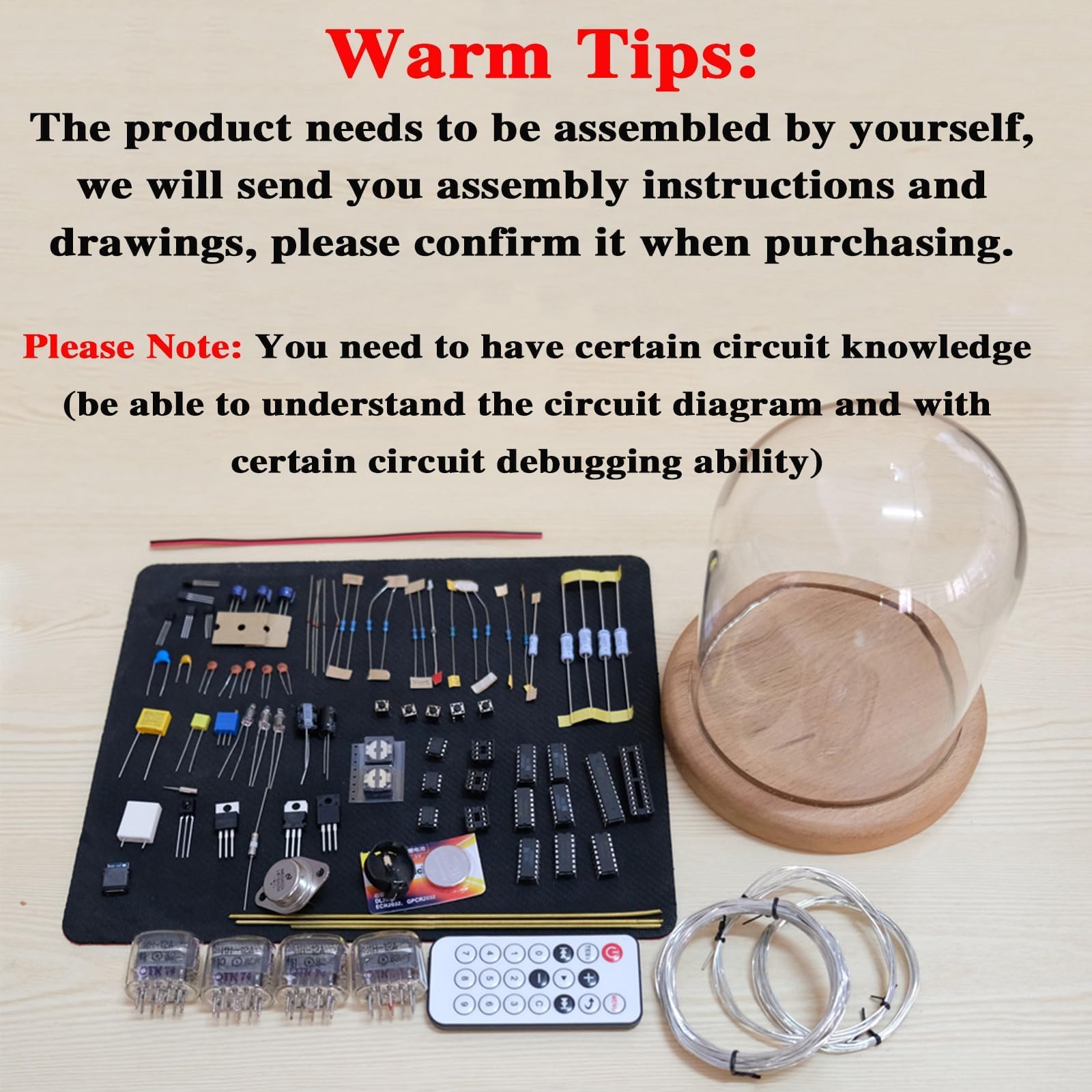 Nixie Kit horloge à tube à monter soi-même, horloge numérique rétro avec tubes à vide et couvercle anti-poussière en verre, base en noyer, assemblage nécessaire