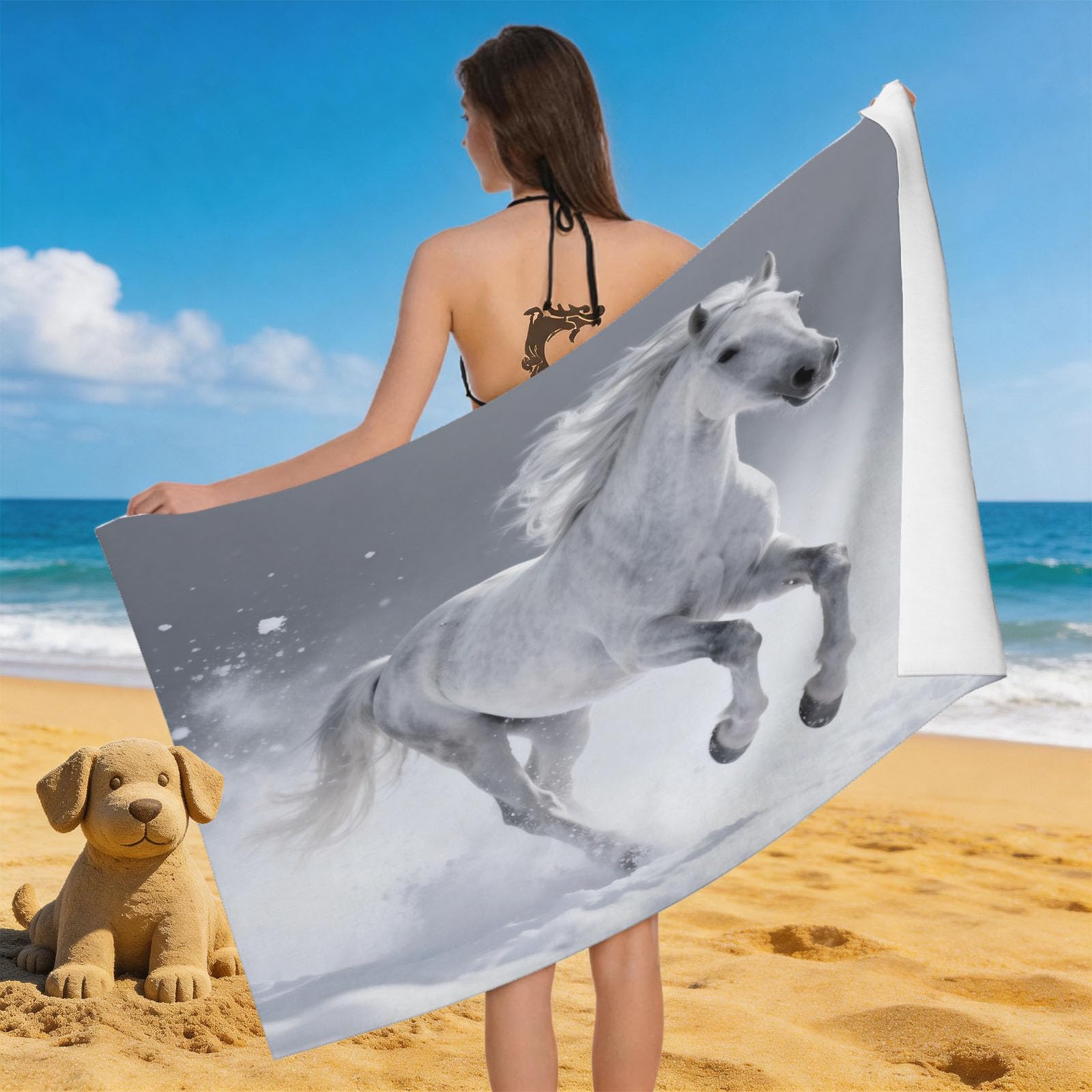 Leichong 3D White Steed Beach Towel Microfiber Soft Quick Dry for Adults, Pet Themed Bath Towel Lightweight Soft Absorbent for Travel Swimming Pool Sports, 75 x 150 cm