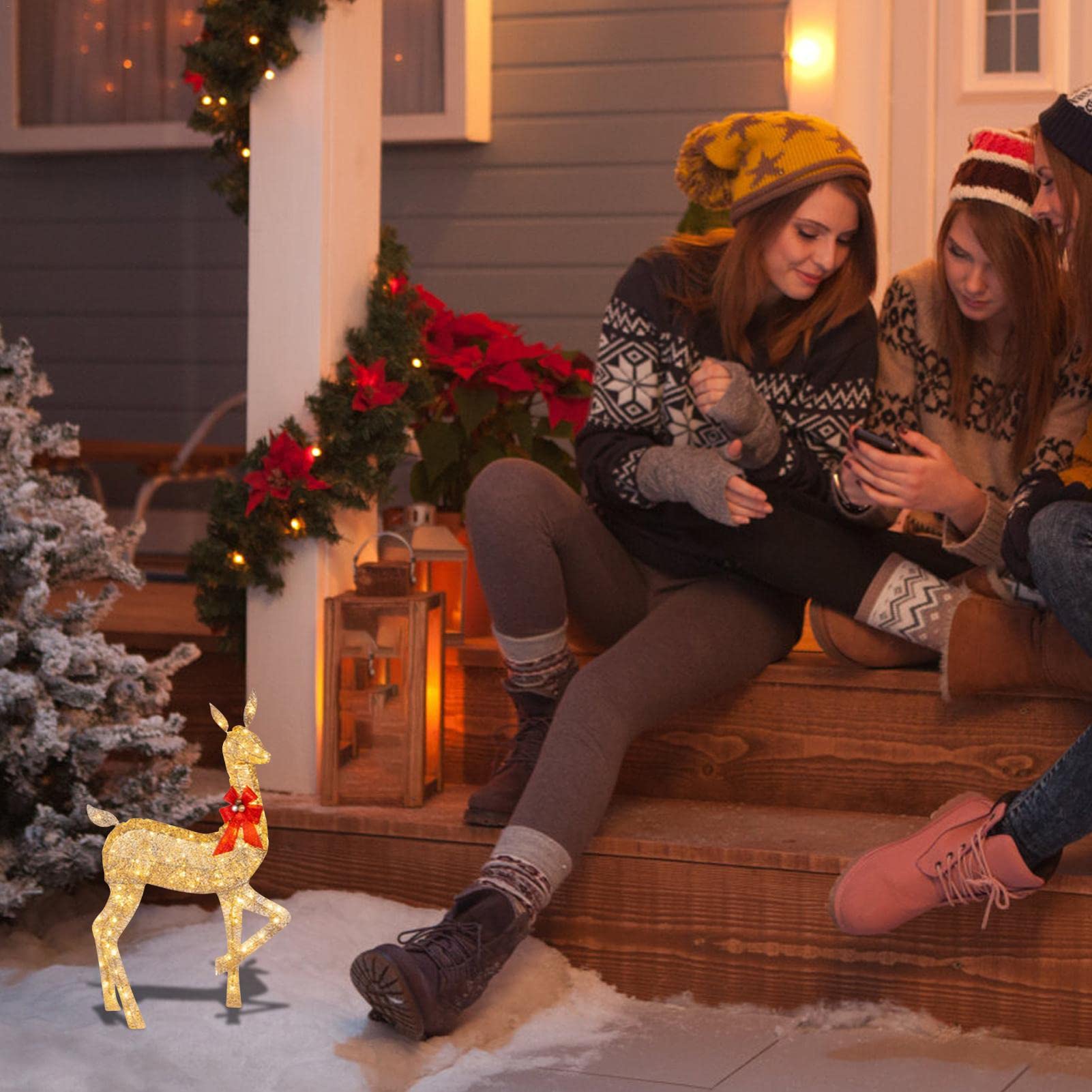 10 Unidades de Ciervos de Navidad iluminados – Decoración para Exteriores de Familia de Renos de Navidad con Luces LED – Luces navideñas de Patio con estaca y Lazo Rojo para jardín | exteriores de familia de de Navidad con luces LED – Luces navideñas de p