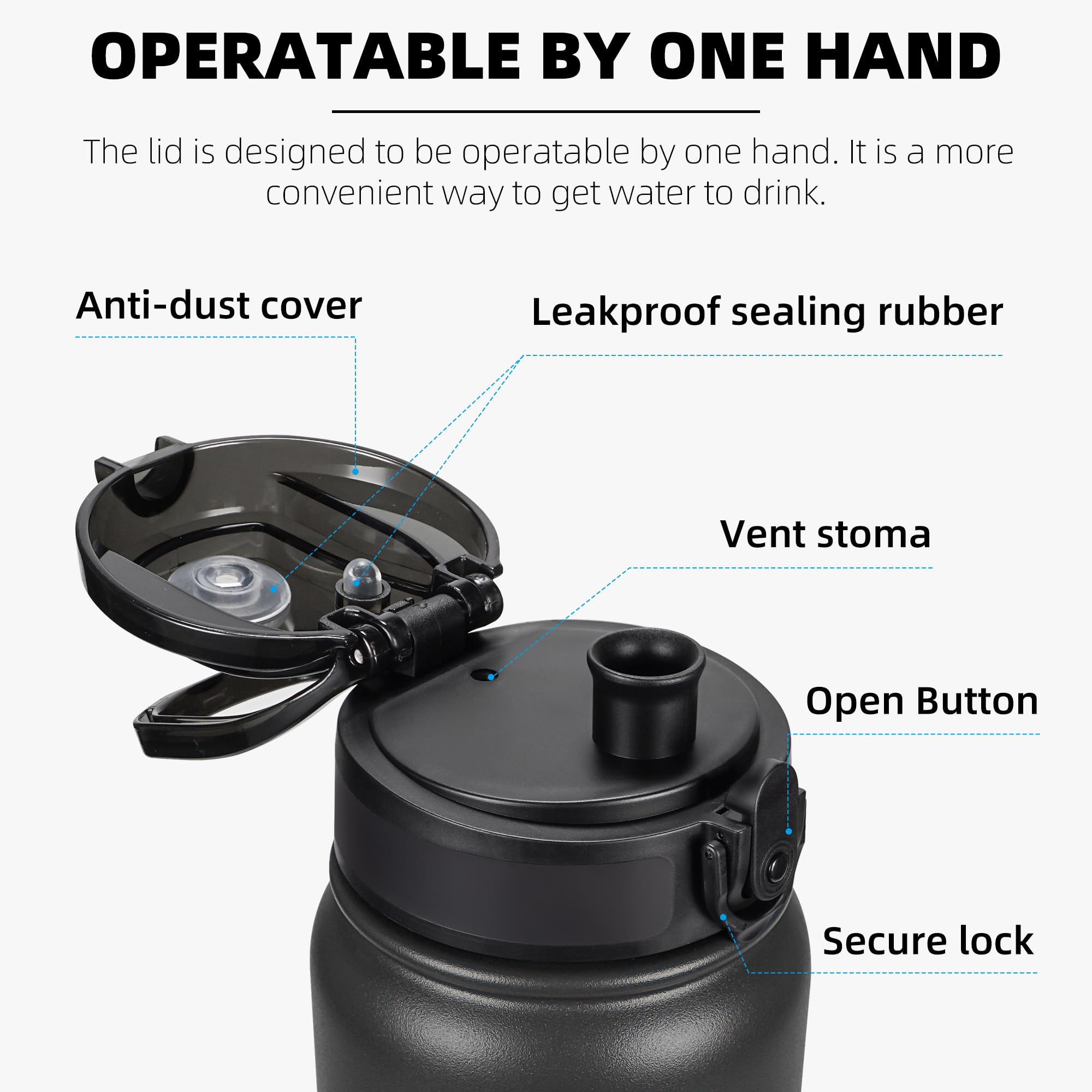 Fanhaw Insulated Water Bottle with Chug Lid - 32 Oz Double-Wall Vacuum Stainless Steel Reusable Leak & Sweat Proof Sports Water Bottle Dishwasher Safe with Anti-Dust Wide Mouth Lid (Black)