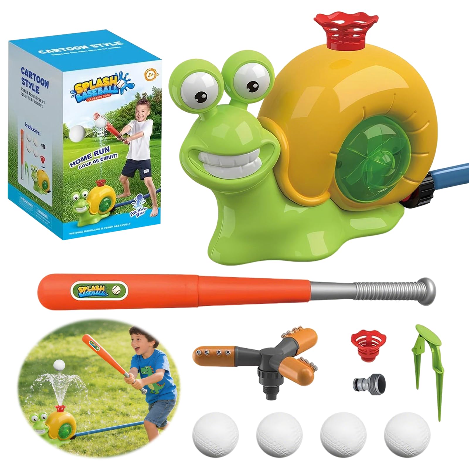 Falafoty 2 in 1 Water Sprinkler Baseball Toy for Kids Outdoor Play, Snail Water Toy with Spiral Nozzle,360 Garden Spinning Water Spray Toy, Summer Outdoor Sprinkler Ball Game for Backyard Lawn Garden