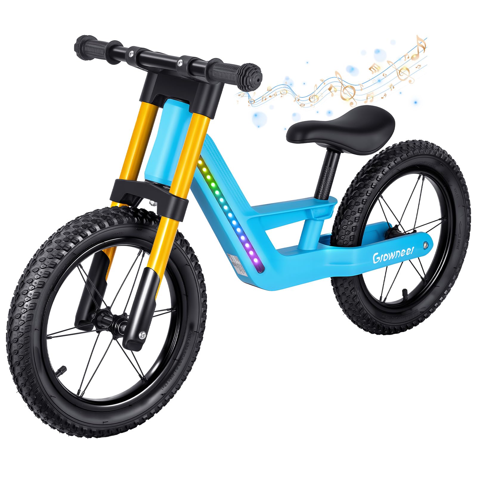 GROWNEER Kids Balance Bike with LED Lights and Music, 14" Lightweight Nylon Fibre Frame No Pedal Bike, Adjustable Seat, Pneumatic Tyres, First Bike for Boys Girls Aged 3-5 Years, Blue