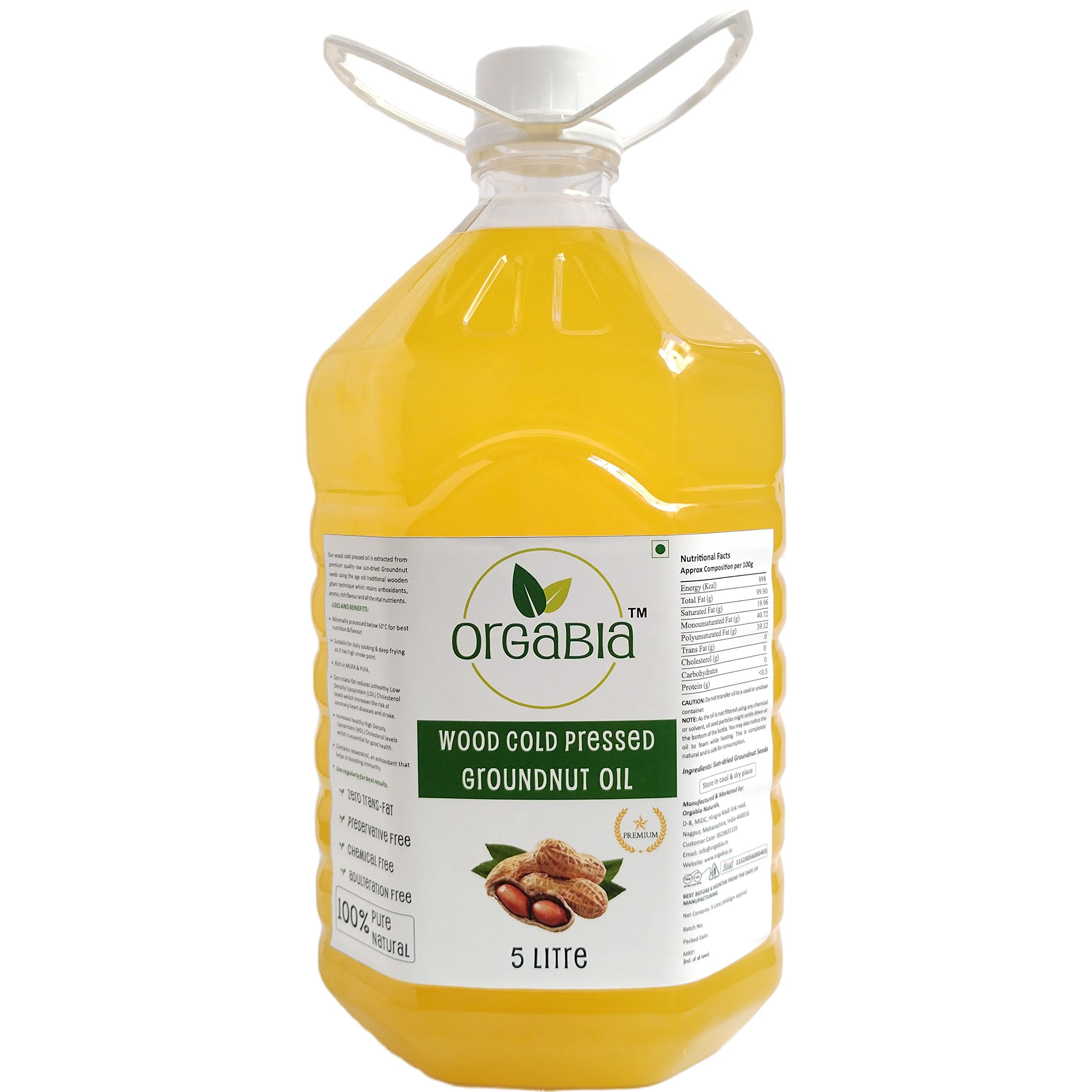 Orgabia Wood Cold Pressed Groundnut Oil, 5 Litre | Kolhu/Kacchi Ghani/Chekku/Marachekku | Peanut Oil | 100% Pure & Natural | Chemical Free | Cold Pressed Groundnut Oil for Daily Cooking (B0C21QVLQ9) Amazon Price History, Amazon Price Tracker