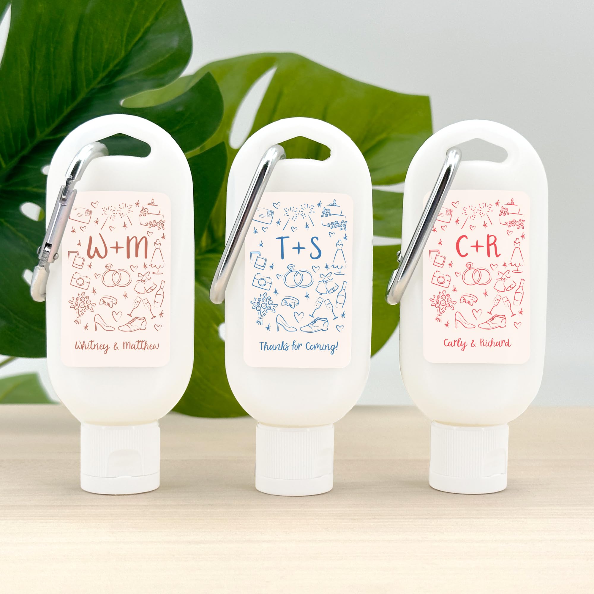 Personalized Sunscreen with Carabiner SPF 30, Custom Sunscreen for Wedding Favors, Party Favors, Hand Drawn Wedding Doodles, Bridal Shower Favors (Set of 12)