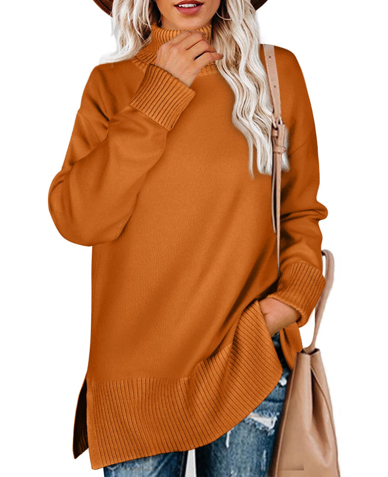 Glanzition Sweaters for Women Turtleneck Side Split Oversized Pullover Tops