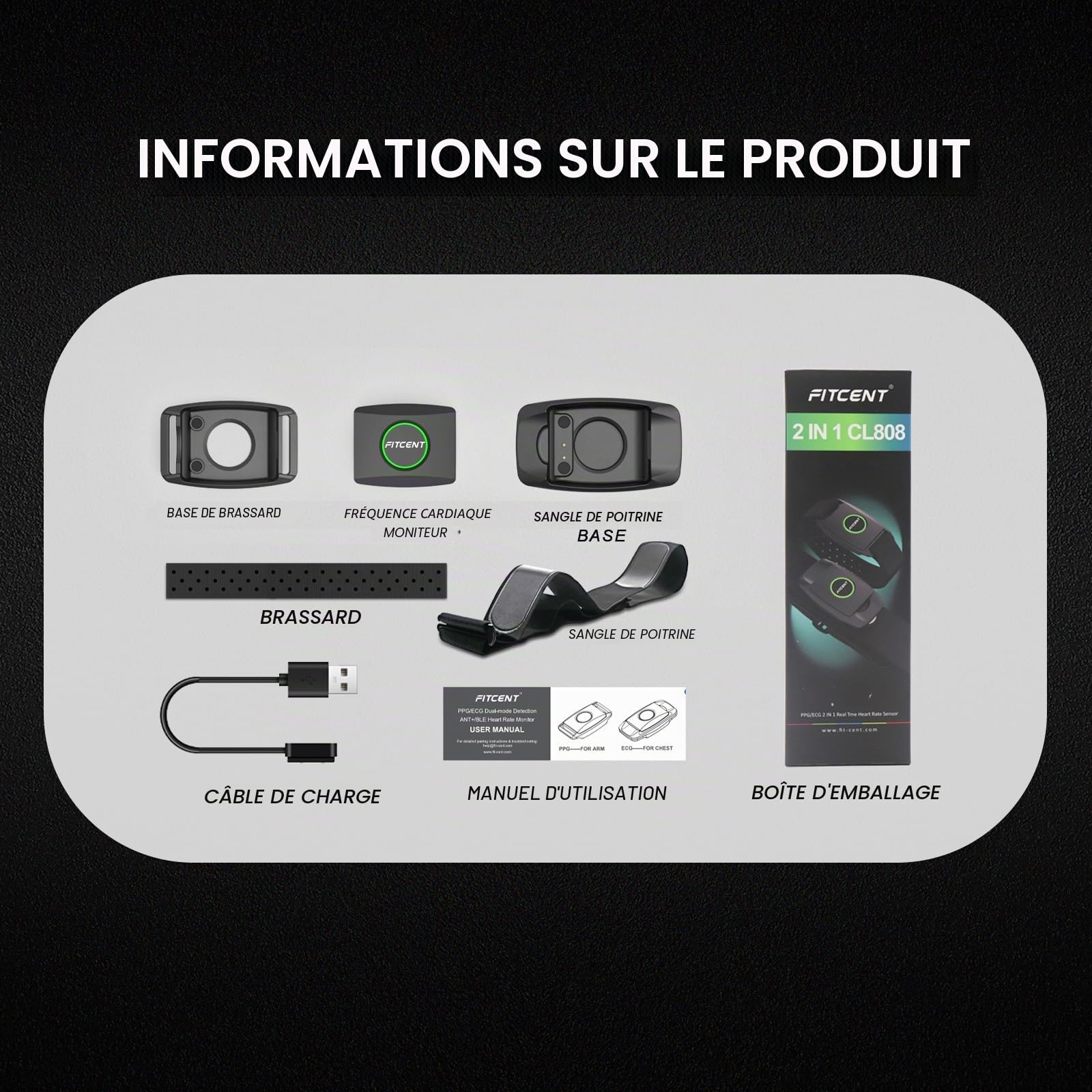 FITCENT Bracelet 2 en 1 avec Bluetooth 5.0 ANT+, capteur de fréquence cardiaque compatible avec montre Peloton Strava Wahoo Polar DDPYOGA Garmin