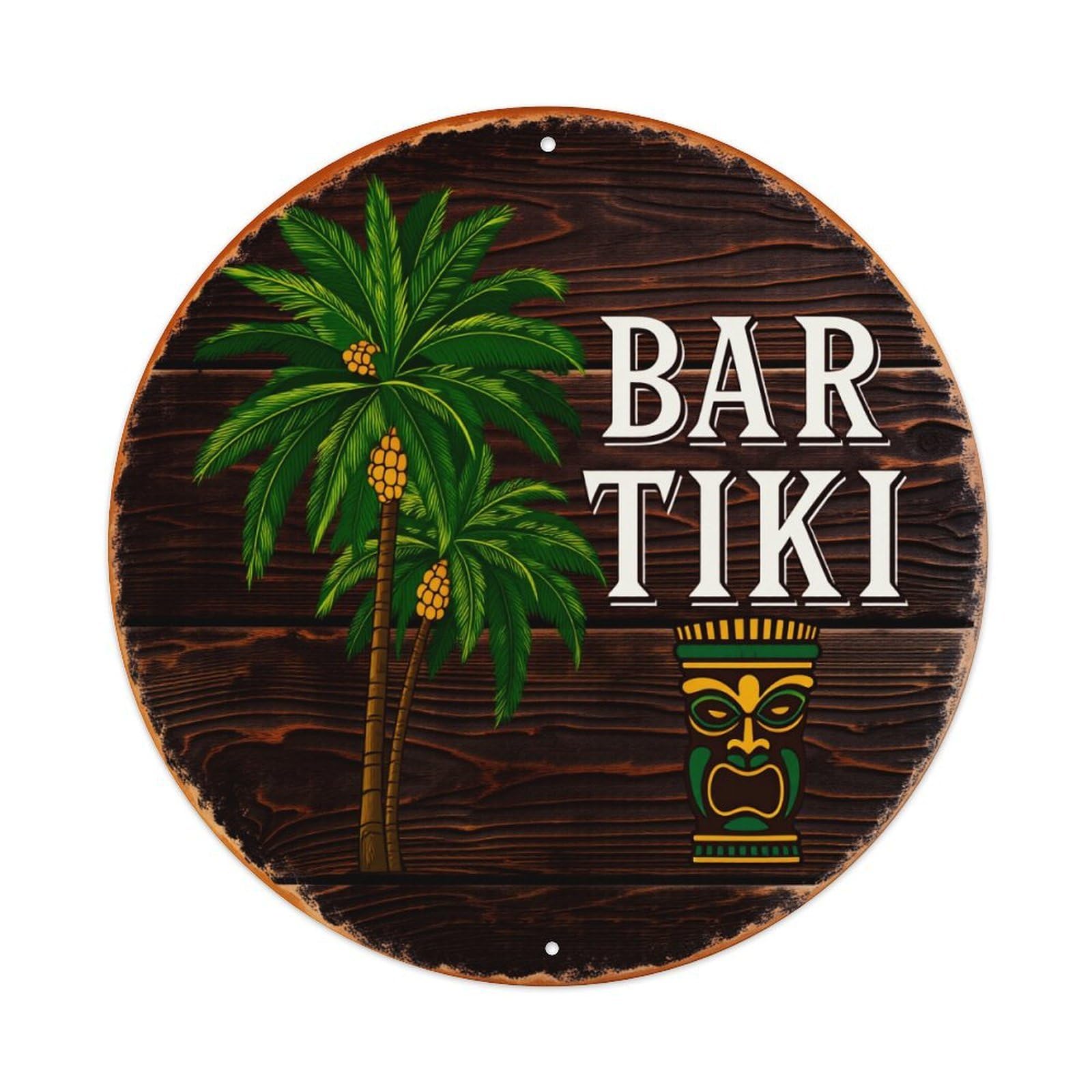 Wmlzdnwr Vintage Palm Trees Tiki Mask Bar Sign Wooden Background Round Tin Sign,Retro Wall Art,Metal Poster For Home, Bar, Garage, Cafe, Rustic Indoor & Outdoor Decor, 8X8 Inches